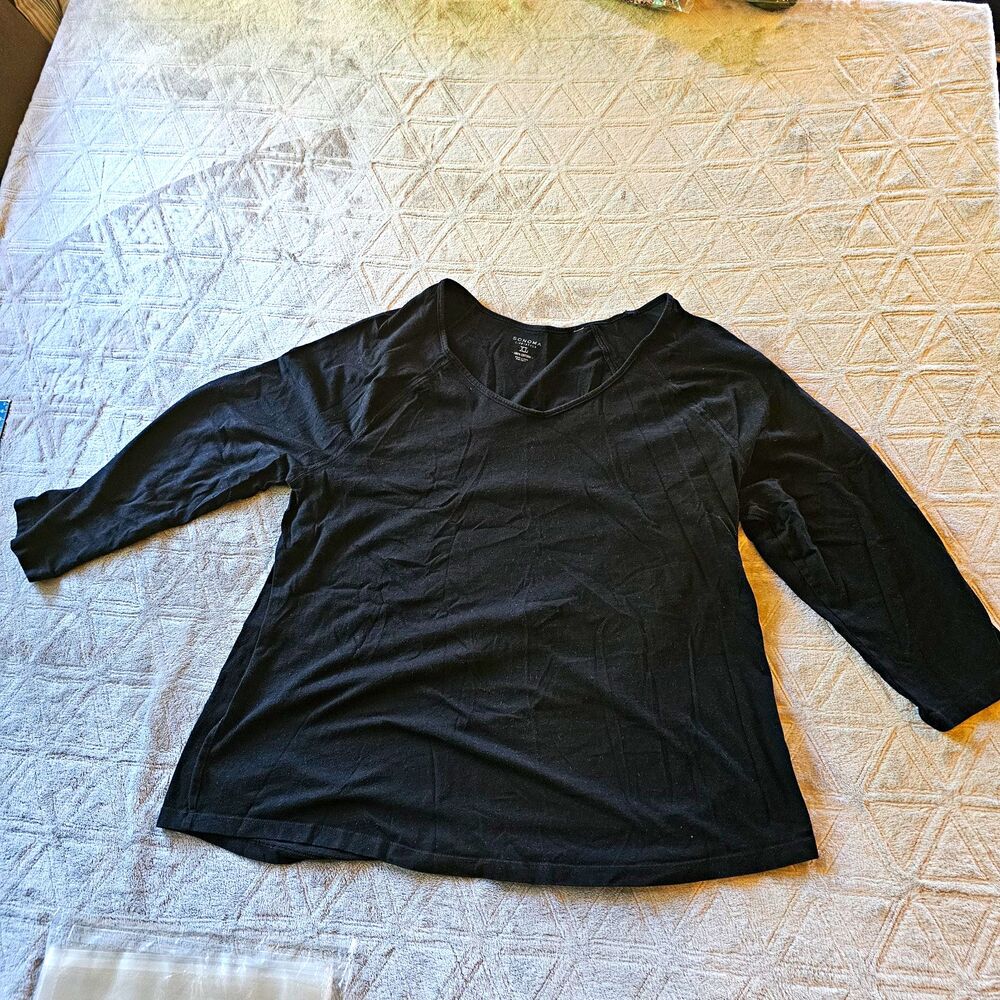 Sonoma Life + Style Women's Black V-Neck 3/4 Sleeve Knit Top XL Cotton